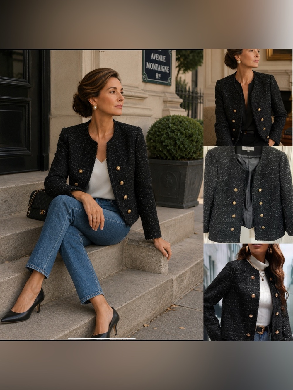 Tahari Black Tweed Double-Breasted Blazer with Gold Buttons 14p old money